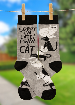 Sorry I'm Late I Saw A Cat Woven Socks | Black & White Cats Designs Novelty Socks