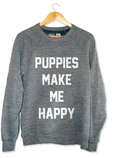 Puppies Make Me Happy | Tri-Blend Gray Crewneck Sweatshirt | MISPRINT