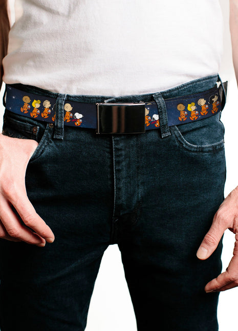 Web Belt Blank Black Buckle - Peanuts Gang Astronauts Space Walk Group Pose Blues Webbing