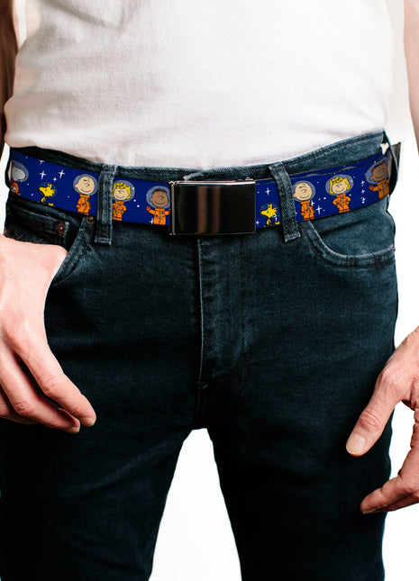 Web Belt Blank Black Buckle - Peanuts Gang Astronauts Standing Poses Stars Blue/White Webbing