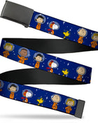 Web Belt Blank Black Buckle - Peanuts Gang Astronauts Standing Poses Stars Blue/White Webbing