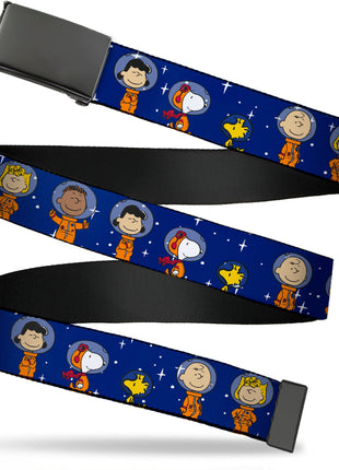 Web Belt Blank Black Buckle - Peanuts Gang Astronauts Standing Poses Stars Blue/White Webbing - Pup List