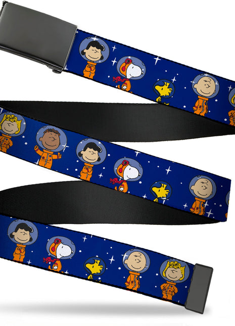 Web Belt Blank Black Buckle - Peanuts Gang Astronauts Standing Poses Stars Blue/White Webbing - Pup List