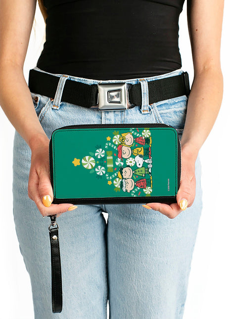PU Zip Around Wallet Rectangle - Peanuts Holiday Christmas Tree Group Pose Greens