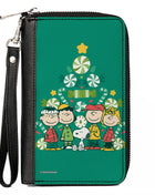 PU Zip Around Wallet Rectangle - Peanuts Holiday Christmas Tree Group Pose Greens