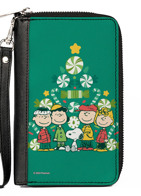 PU Zip Around Wallet Rectangle - Peanuts Holiday Christmas Tree Group Pose Greens