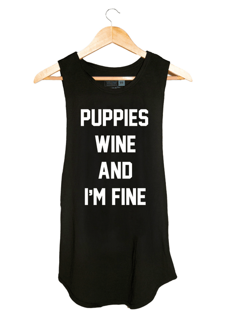 Puppies Wine & I'm Fine Tank | Gift for Dog Moms | Wine Lover Apparel