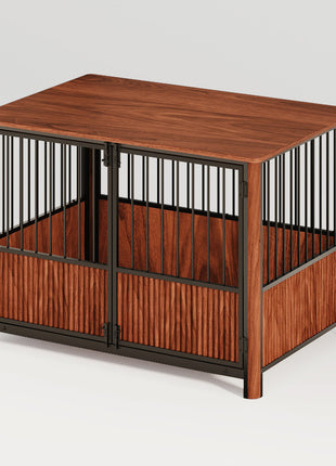 43'' Walnut Fluted Wood Furniture Style Dog Crate for Large & Medium Dogs - Double Door Design, Decorative Pet House & Indoor Side End Table.