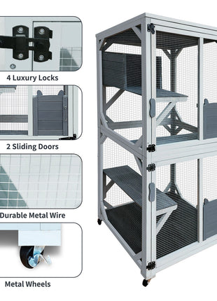 30.7'  Wooden Catio Outdoor Cat Enclosure, Luxury Cat House on Wheels with Napping House, 4 Platforms & Weatherproof Asphalt Roof, Large Kitty Cat Condo Cage Shelter Playpen with Sliding Doors