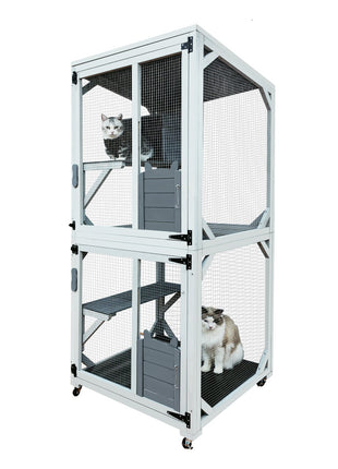 30.7'  Wooden Catio Outdoor Cat Enclosure, Luxury Cat House on Wheels with Napping House, 4 Platforms & Weatherproof Asphalt Roof, Large Kitty Cat Condo Cage Shelter Playpen with Sliding Doors