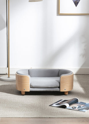 Scandinavian style Elevated Dog Bed Pet Sofa With Solid Wood legs and Bent Wood Back, Velvet Cushion,Small Size