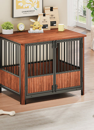 31.5'' Walnut Fluted Wood Furniture Style Dog Crate for small & Medium Dogs - Double Door Design, Decorative Pet House & Indoor Side End Table.