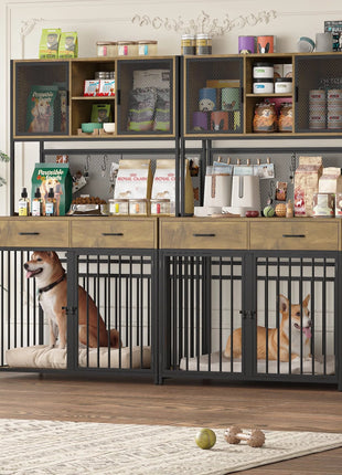 71" Tall Dog Crates Furniture, Indoor Dogs Kennel Furniture with Hutch, 42"W Dog Cage Furniture for Large/Medium Dogs, Decorative Sturdy Pet House, Rustic Brown