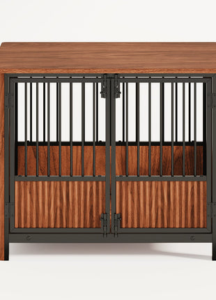 31.5'' Walnut Fluted Wood Furniture Style Dog Crate for small & Medium Dogs - Double Door Design, Decorative Pet House & Indoor Side End Table.