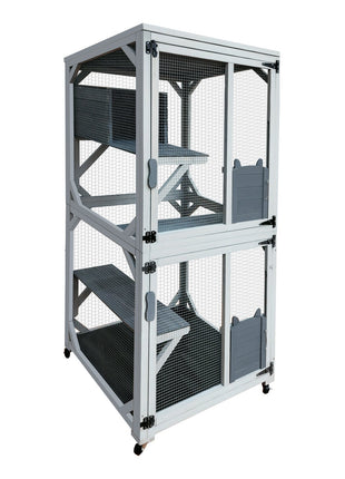 30.7'  Wooden Catio Outdoor Cat Enclosure, Luxury Cat House on Wheels with Napping House, 4 Platforms & Weatherproof Asphalt Roof, Large Kitty Cat Condo Cage Shelter Playpen with Sliding Doors