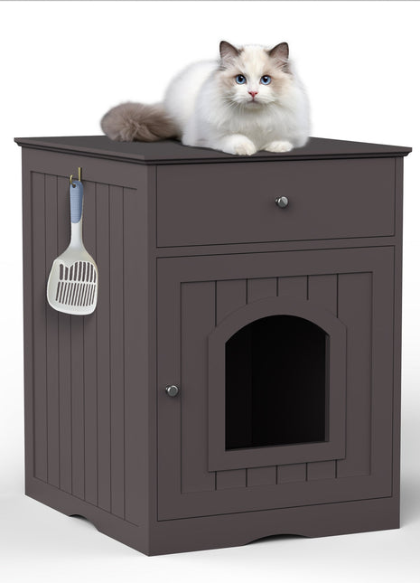 Wooden Pet House Cat Litter Box Enclosure with Drawer, Side Table, Indoor Pet Crate, Cat Home Nightstand (Brown)