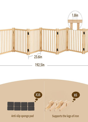 8-Panel Wooden Freestanding Dog Gate, Step Over Indoor Pet Fence for Doorways and Stairs