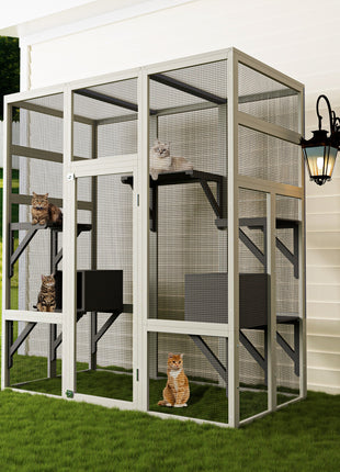 Large Outdoor Gray Wooden Catio – Solid Wood Cat Enclosure with 5 Platforms & 2 Resting Boxes, UV-Resistant & Waterproof Outdoor Cat House Shelter Playpen