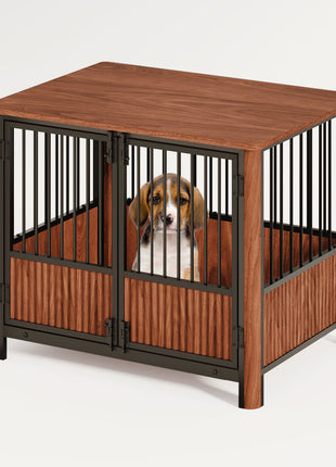 31.5'' Walnut Fluted Wood Furniture Style Dog Crate for small & Medium Dogs - Double Door Design, Decorative Pet House & Indoor Side End Table.
