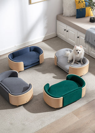 Scandinavian style Elevated Dog Bed Pet Sofa With Solid Wood legs and Bent Wood Back, Velvet Cushion,Small Size