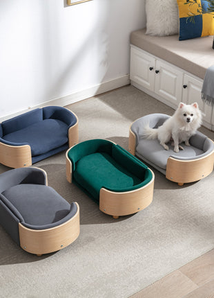 Scandinavian style Elevated Dog Bed Pet Sofa With Solid Wood legs and Bent Wood Back, Velvet Cushion,Small Size