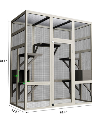 Large Outdoor Gray Wooden Catio – Solid Wood Cat Enclosure with 5 Platforms & 2 Resting Boxes, UV-Resistant & Waterproof Outdoor Cat House Shelter Playpen