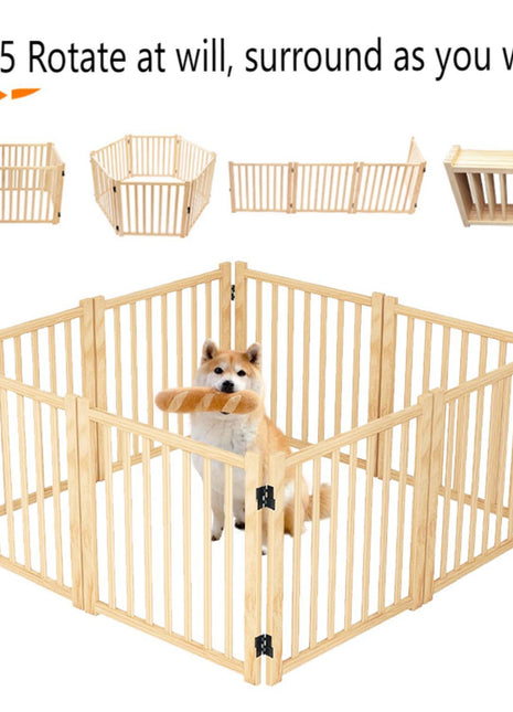 8-Panel Wooden Freestanding Dog Gate, Step Over Indoor Pet Fence for Doorways and Stairs