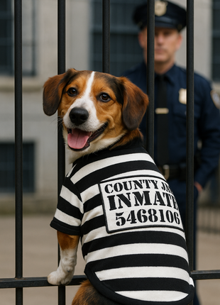 Parisian Pet 'Furry Inmate' Black and White Stripes Halloween Costume - Funny Prison Design for Cats & Dogs