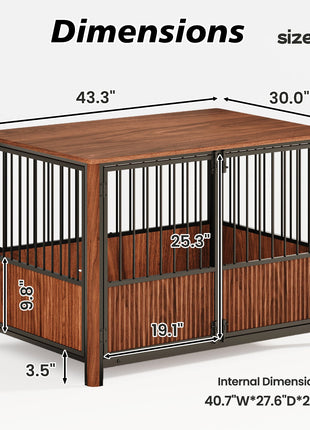 43'' Walnut Fluted Wood Furniture Style Dog Crate for Large & Medium Dogs - Double Door Design, Decorative Pet House & Indoor Side End Table.