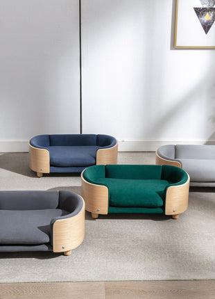 Scandinavian style Elevated Dog Bed Pet Sofa With Solid Wood legs and Bent Wood Back, Velvet Cushion,Small Size