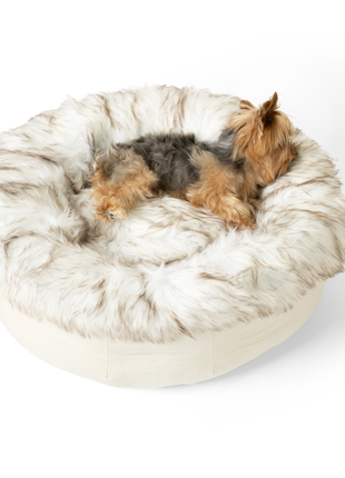 PupPouf™ Faux Fur Donut Dog Bed - White with Brown Accents