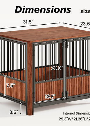 31.5'' Walnut Fluted Wood Furniture Style Dog Crate for small & Medium Dogs - Double Door Design, Decorative Pet House & Indoor Side End Table.