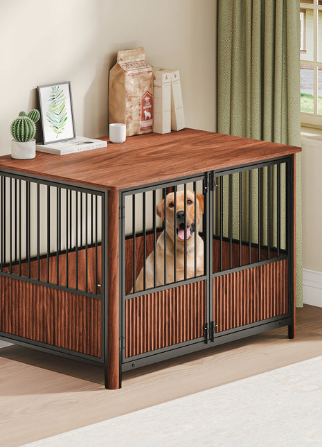 43'' Walnut Fluted Wood Furniture Style Dog Crate for Large & Medium Dogs - Double Door Design, Decorative Pet House & Indoor Side End Table.