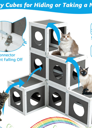 Outdoor Wooden Cat Catio - Large Solid Wood Cat Cage Playpen with 2 Jumping Platforms & 7 Napping Houses, Walk-in Cat Kennel Condo Shelter, Grey