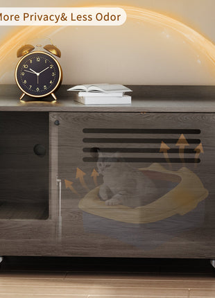 Gray Cat Litter Box Enclosure,Hidden Litter Box Furniture with top side fence,Wooden Pet House Side End Table, Storage Cabinet Bench for Living Room,,Bedroom, Fit Most of Litter Box