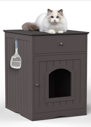 Wooden Pet House Cat Litter Box Enclosure with Drawer, Side Table, Indoor Pet Crate, Cat Home Nightstand (Brown)