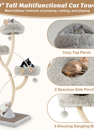 70" Tall Metal Cat Tree Tower with 3 Plush Perches & Sisal Scratching Posts