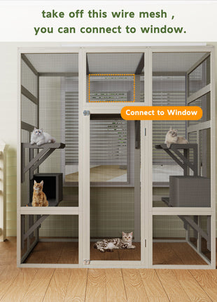 Large Outdoor Gray Wooden Catio – Solid Wood Cat Enclosure with 5 Platforms & 2 Resting Boxes, UV-Resistant & Waterproof Outdoor Cat House Shelter Playpen