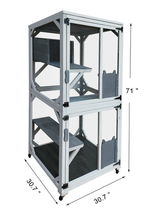 30.7'  Wooden Catio Outdoor Cat Enclosure, Luxury Cat House on Wheels with Napping House, 4 Platforms & Weatherproof Asphalt Roof, Large Kitty Cat Condo Cage Shelter Playpen with Sliding Doors