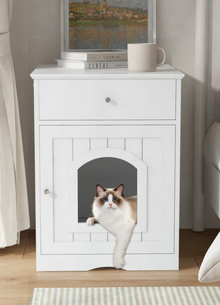 Wooden Pet House Cat Litter Box Enclosure with Drawer, Side Table, Indoor Pet Crate, Cat Home Nightstand (White)