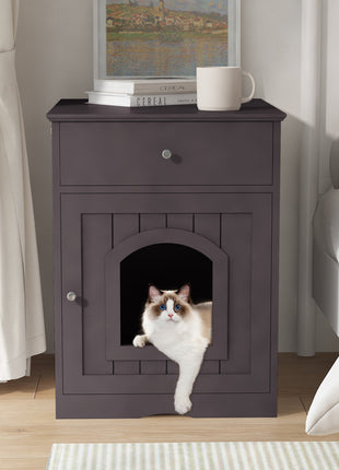 Wooden Pet House Cat Litter Box Enclosure with Drawer, Side Table, Indoor Pet Crate, Cat Home Nightstand (Brown)