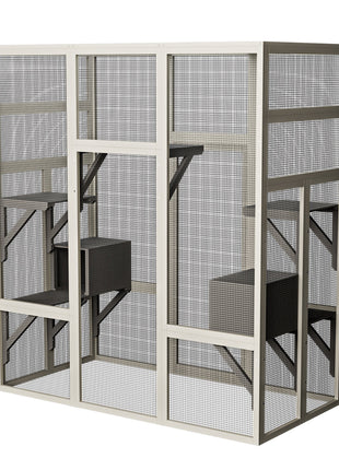 Large Outdoor Gray Wooden Catio – Solid Wood Cat Enclosure with 5 Platforms & 2 Resting Boxes, UV-Resistant & Waterproof Outdoor Cat House Shelter Playpen