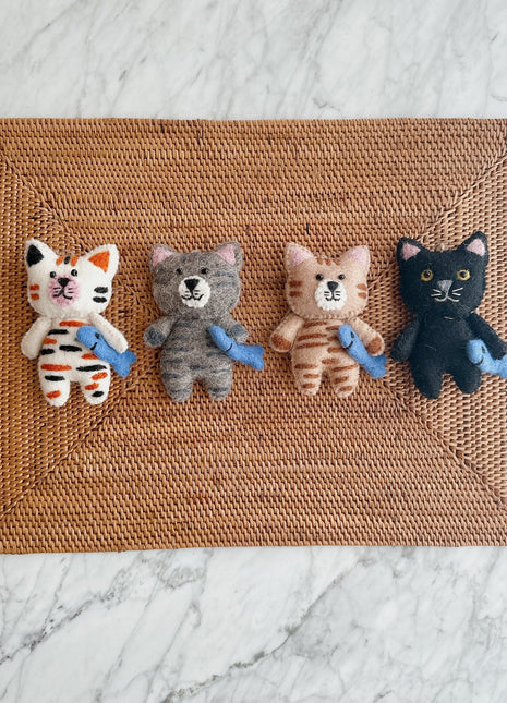 Felt Cat Ornament - Stitched Cat Holding Fish