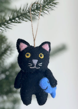 Felt Cat Ornament - Stitched Cat Holding Fish