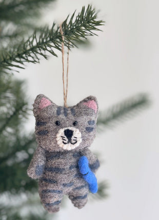 Felt Cat Ornament - Stitched Cat Holding Fish