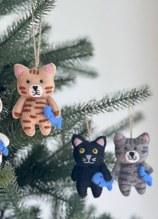 Felt Cat Ornament - Stitched Cat Holding Fish