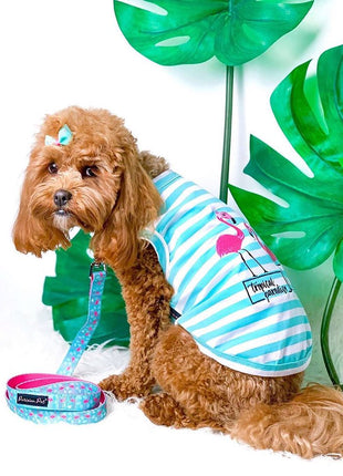 Parisian Pet 'Flamingos'  Dog Shirt – Lightweight & Breathable Summer Outfit for Small Dogs & Cats, Light Blue and White Stripes