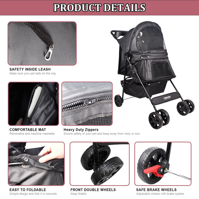 GOOPAWS 4-Wheel Promenade Pet Stroller for Small Dogs Cats, Black, 36'' - Pup List