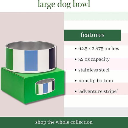 Kate Spade Adventure Stripe Food & Water Bowl for Dogs, Stainless Steel Large Bowl with Non-Slip Base
