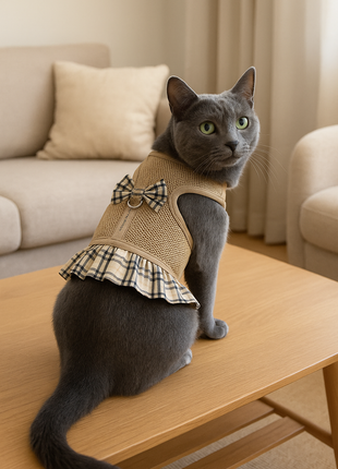 Parisian Pet ' Khaki Plaid' Harness Dress for Dogs & Cats – Fashionable and Comfortable Plaid Dog Harness Dress, Adjustable Fit